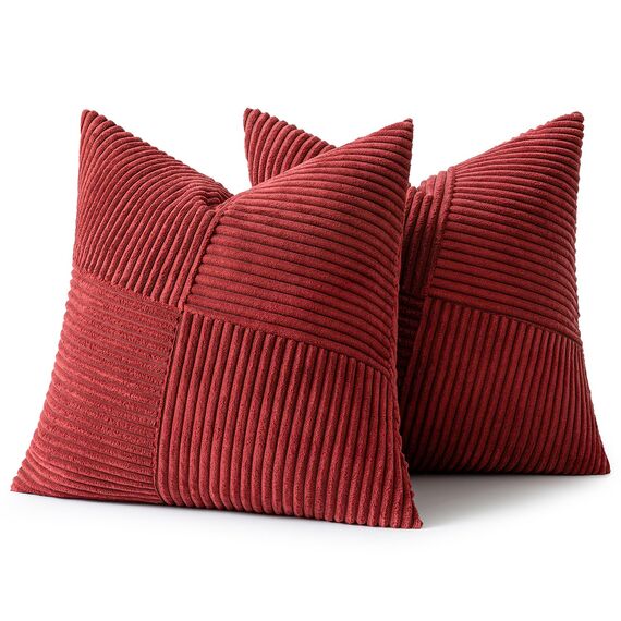 MIULEE Weihnachten Kissenbezug 45x45 Weinrot Kordsamt 2er Set Kissenbezüge Zierkissenbezug Kissenhülle Sofakissen Dekokissen Streifen Muster Patchwork Design für Wohnzimmer