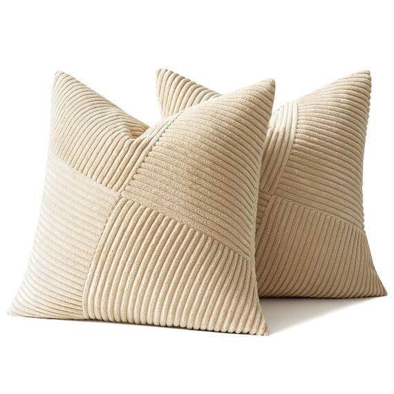 MIULEE Kissenbezug 50x50 Beige Kordsamt 2er Set Kissenbezüge Zierkissenbezug Kissenhülle Sofakissen Dekokissen Streifen Muster Patchwork Design für Wohnzimmer