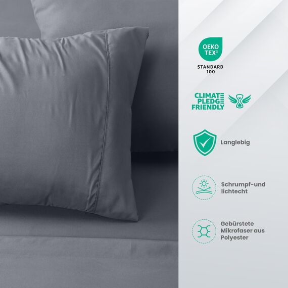 Utopia Bedding 4 Teilige Bettlaken Set 180x200 cm, Grau - Polyester Microfaser, Oeko-Tex Zertifiziert, 1 Spannbettlaken 180x200 cm, 1 Bettlaken 270x290 cm und 2 Kissenbezüge 50x75 cm