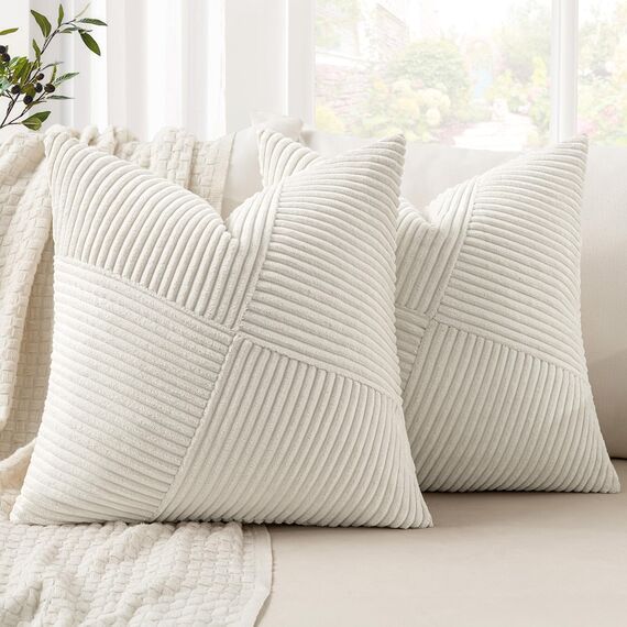 MIULEE Kissenbezug 60x60 Creme Kordsamt 2er Set Kissenbezüge Zierkissenbezug Kissenhülle Sofakissen Dekokissen Streifen Muster Patchwork Design für Wohnzimmer