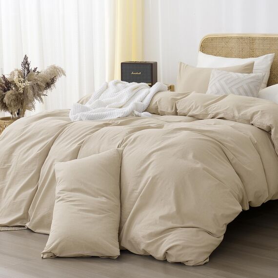 ATsense Bettwäsche 135x200 Baumwolle 4teilig, Stonewashed Bettwäsche-Sets Hell Taupe Ähnlich wie Leinen, Oeko-TEX, Hypoallergen und Atmungsaktiv, 2 Bettbezug und 2 Kissenbezug 80x80