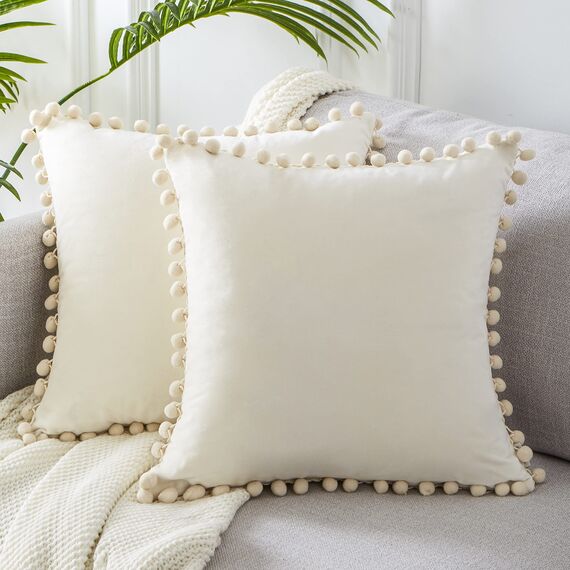 Topfinel 2er Set Weihnachten Samt Kissen mit Pompoms Einfarbig Kissenbezüge Dekorative Kissenhülle Kopfkissen Sitzkissen Dekokissen Couchkissen für Sofa Schlafzimmer Büro Auto 45x45cm Creme