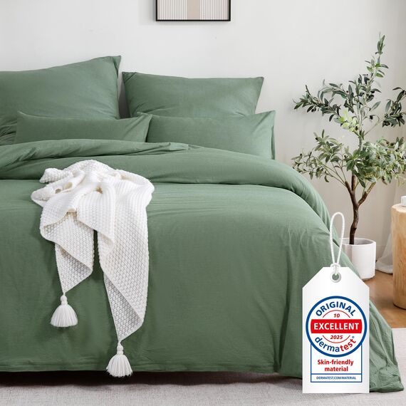 ATsense Bettwäsche 155x220 Baumwolle 2teilig, Stonewashed Bettwäsche-Sets Grün Ähnlich wie Leinen, Oeko-TEX, Hypoallergen und Atmungsaktiv, 1 Bettbezug und 1 Kissenbezug 80x80