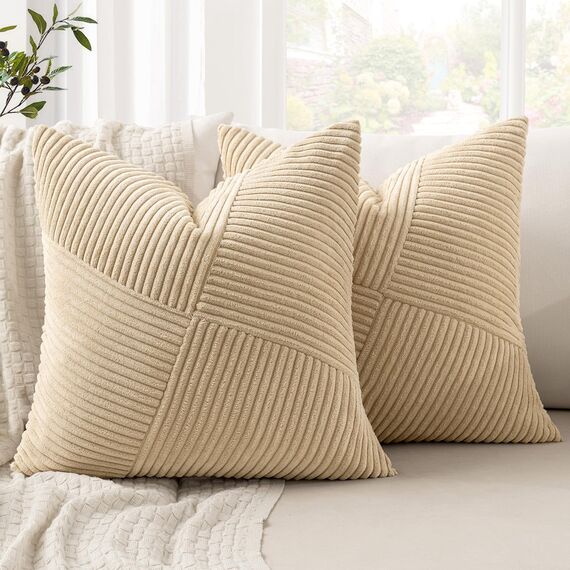 MIULEE Kissenbezug 50x50 Beige Kordsamt 2er Set Kissenbezüge Zierkissenbezug Kissenhülle Sofakissen Dekokissen Streifen Muster Patchwork Design für Wohnzimmer