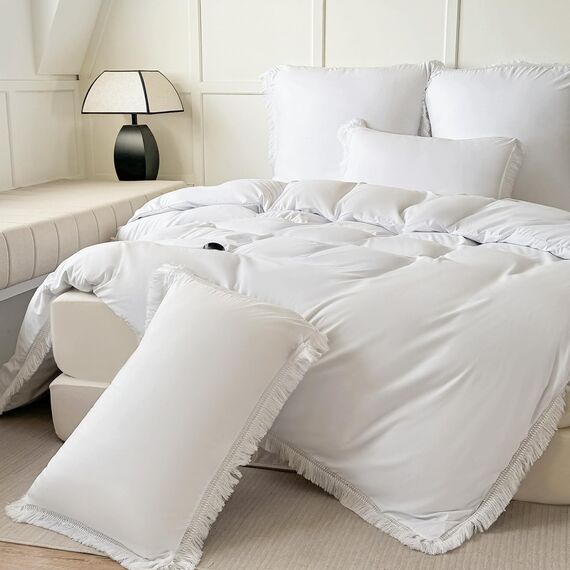 Amolavet Boho Quasten Design Weiß Bettwäsche 135x200 2teilig Set aus Gebürstetem Mikrofaser Winter Bettwäsche 135x200 Bettbezug 135 X 200 Mit Reißverschluss + Kissenbezüg 80x80 für Einzelbett