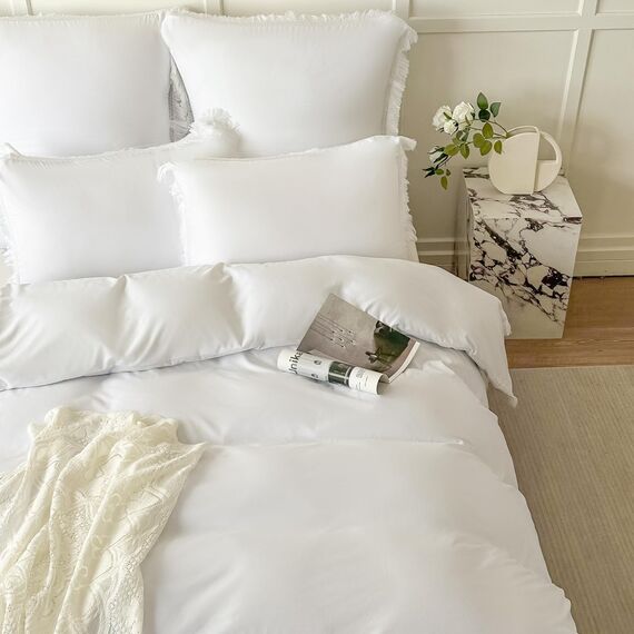 Amolavet Boho Quasten Design Weiß Bettwäsche 135x200 2teilig Set aus Gebürstetem Mikrofaser Winter Bettwäsche 135x200 Bettbezug 135 X 200 Mit Reißverschluss + Kissenbezüg 80x80 für Einzelbett