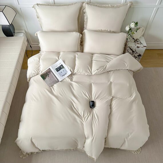 Amolavet Boho Quasten Design Beige Bettwäsche 200x200 3teilig Set aus Gebürstetem Mikrofaser Winter Bettwäsche 200x200 Bettbezug 200 X 200 Mit Reißverschluss + 2 Kissenbezüg 80x80 für Doppelbett