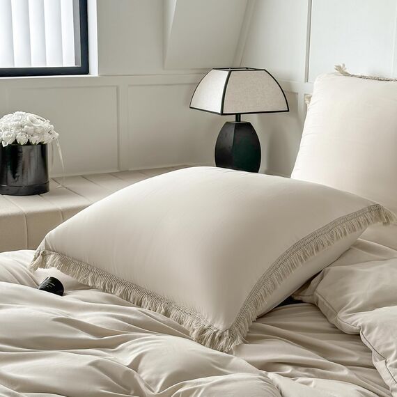 Amolavet Boho Quasten Design Beige Bettwäsche 200x200 3teilig Set aus Gebürstetem Mikrofaser Winter Bettwäsche 200x200 Bettbezug 200 X 200 Mit Reißverschluss + 2 Kissenbezüg 80x80 für Doppelbett