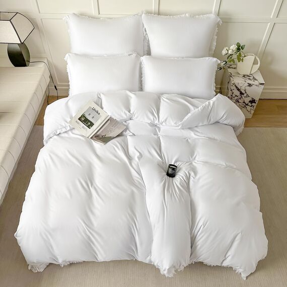 Amolavet Boho Quasten Design Weiß Bettwäsche 200x200 3teilig Set aus Gebürstetem Mikrofaser Winter Bettwäsche 200x200 Bettbezug 200 X 200 Mit Reißverschluss + 2 Kissenbezüg 80x80 für Doppelbett