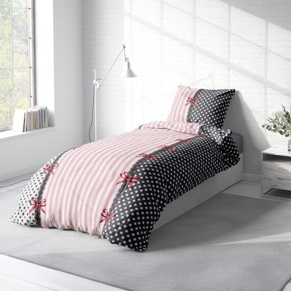 Leonado Vicenti Winter Bettwäsche Thermo Fleece Flausch Kuschelig Warme Garnitur Bettbezüge Set, Größe:3 teilig 200x200 cm, Farbe:Rüsch rosa grau