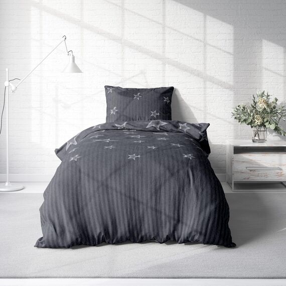 Leonado Vicenti Winter Bettwäsche Thermo Fleece Flausch Kuschelig Warme Garnitur Bettbezüge Set, Größe:3 teilig 200x200 cm, Farbe:Sterne grau