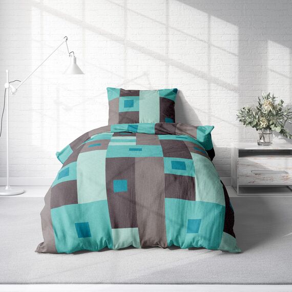 Leonado Vicenti Winter Bettwäsche Thermo Fleece Flausch Kuschelig Warme Garnitur Bettbezüge Set, Größe:3 teilig 200x200 cm, Farbe:Karo türkis grau