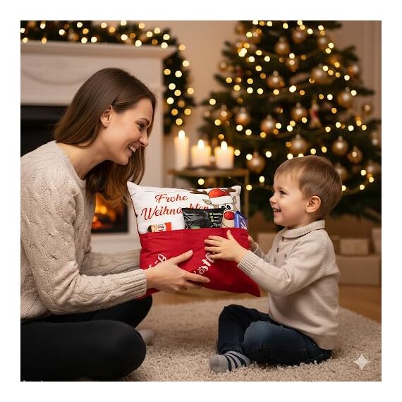 KAMACA Weihnachtskissen mit Kissenfüllung 43x43 cm festliches Dekokissen mit 3 Taschen zum Befüllen originelles Kinder, Familie und Freunde Weihnachten Nikolaus (Elch Ole)