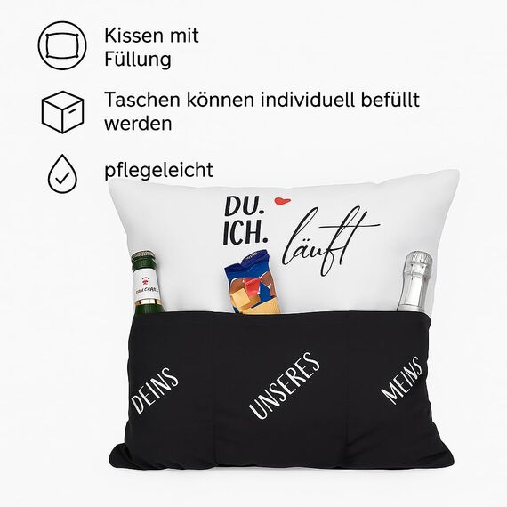 KAMACA Originelles Dekokissen Kissen mit 3 Taschen zum selber Befüllen Größe 43x43 cm tolles Geschenk Liebe Partnerschaft (Du Ich läuft)