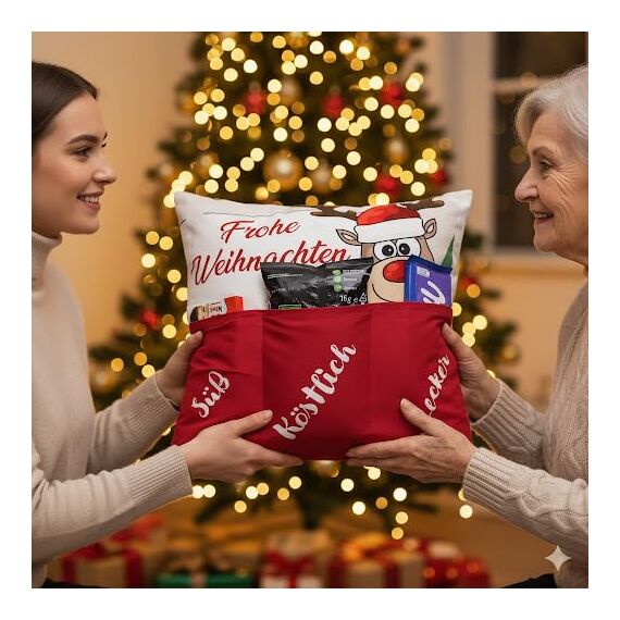 KAMACA Weihnachtskissen mit Kissenfüllung 43x43 cm festliches Dekokissen mit 3 Taschen zum Befüllen originelles Kinder, Familie und Freunde Weihnachten Nikolaus (Elch Ole)