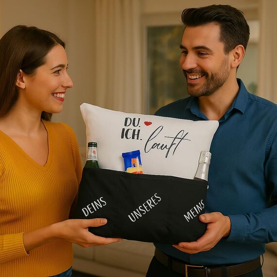 KAMACA Originelles Dekokissen Kissen mit 3 Taschen zum selber Befüllen Größe 43x43 cm tolles Geschenk Liebe Partnerschaft (Du Ich läuft)