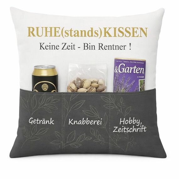 KAMACA Originelles Dekokissen Kissen mit 3 Taschen zum selber Befüllen Größe 43x43 cm tolles Geschenk für EIN gelungenen Sofaabend Filmabend (Ruhestandskissen)