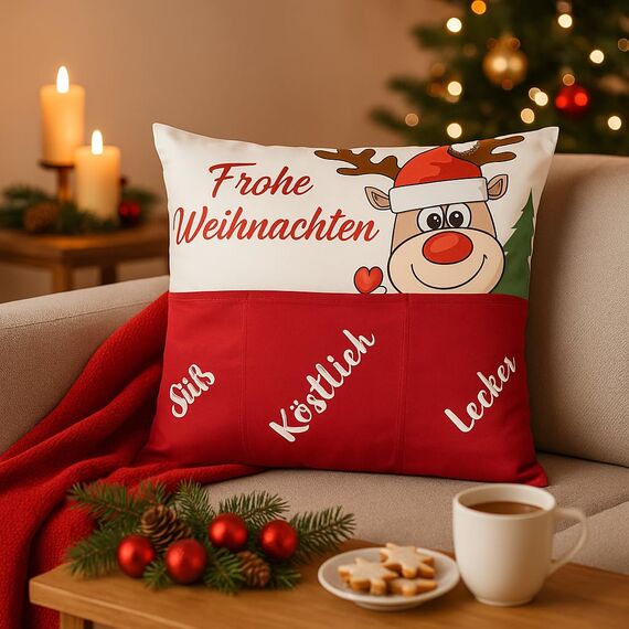 KAMACA Weihnachtskissen mit Kissenfüllung 43x43 cm festliches Dekokissen mit 3 Taschen zum Befüllen originelles Kinder, Familie und Freunde Weihnachten Nikolaus (Elch Ole)