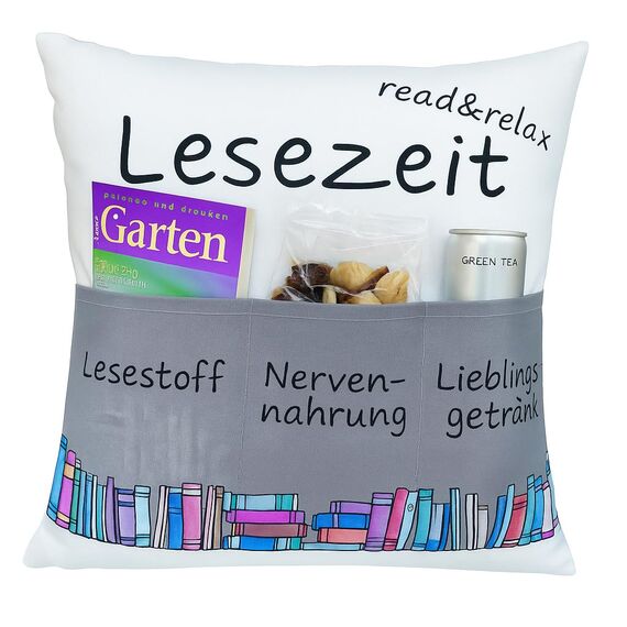 KAMACA Dekokissen mit Füllung Lesezeit mit 3 Taschen 43x43 cm Kuschelkissen für Sofaabend & Filmabend Kissen Geschenkidee für Leseratten Rentner Männer Frauen & Couchfans (Lesekissen)