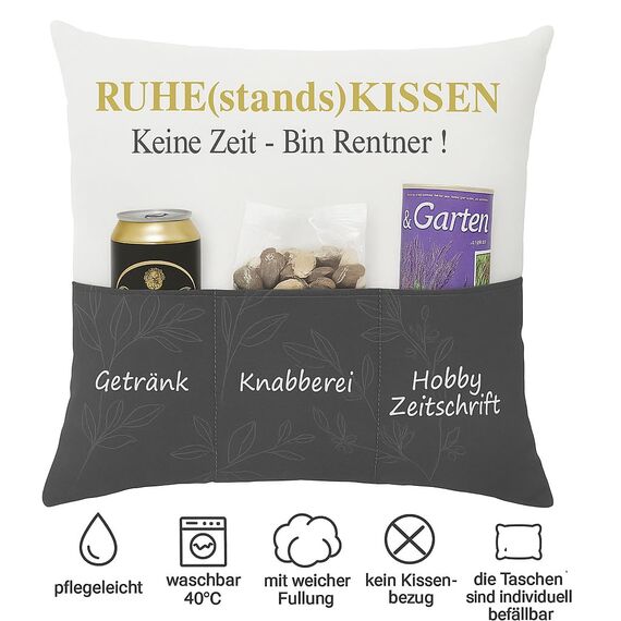 KAMACA Originelles Dekokissen Kissen mit 3 Taschen zum selber Befüllen Größe 43x43 cm tolles Geschenk für EIN gelungenen Sofaabend Filmabend (Ruhestandskissen)