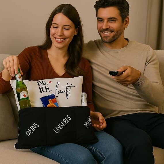 KAMACA Originelles Dekokissen Kissen mit 3 Taschen zum selber Befüllen Größe 43x43 cm tolles Geschenk Liebe Partnerschaft (Du Ich läuft)