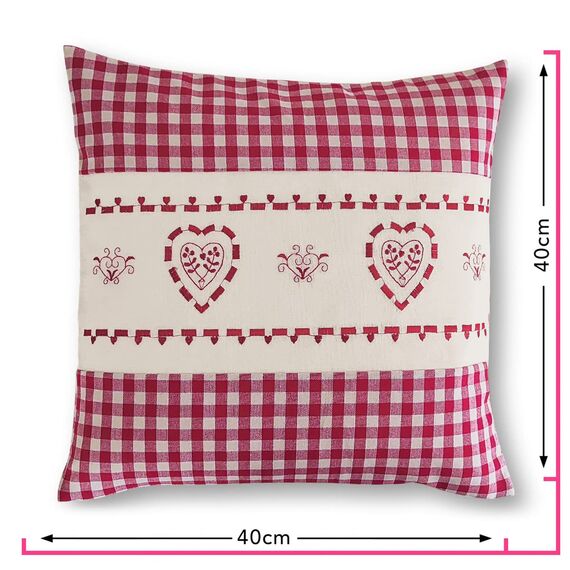 wometo Kissenhülle Zierkissen 40x40 OekoTex - Landhaus-Stil Dekokissen Sofakissen Stick Herz rot kariert, Karo rot Heller Hintergrund Reißverschluss