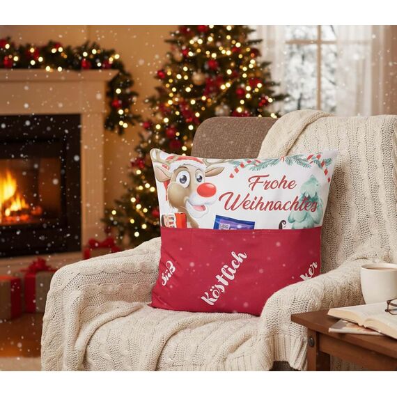 KAMACA Weihnachtskissen mit Kissenfüllung 43x43 cm festliches Dekokissen mit 3 Taschen zum Befüllen originelles Kinder Familie und Freunde Weihnachten Nikolaus (Rentier Rudi)
