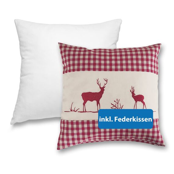 wometo Kissenbezug Kissenhülle 40x40 Hirsch rot mit Federkissen Füllung OekoTex - Reißverschluss Landhaus-Stil Dekokissen Zierkissen Sofakissen Stick kariert Heller Hintergrund
