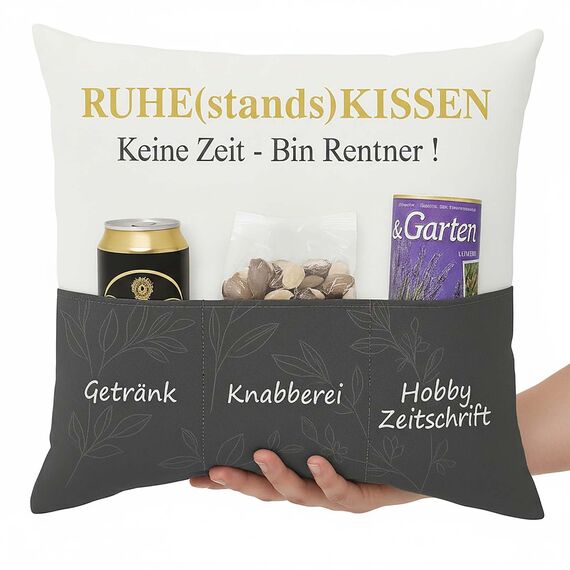 KAMACA Originelles Dekokissen Kissen mit 3 Taschen zum selber Befüllen Größe 43x43 cm tolles Geschenk für EIN gelungenen Sofaabend Filmabend (Ruhestandskissen)