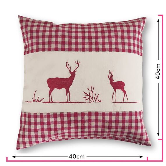 wometo Kissenbezug Kissenhülle 40x40 Hirsch rot mit Federkissen Füllung OekoTex - Reißverschluss Landhaus-Stil Dekokissen Zierkissen Sofakissen Stick kariert Heller Hintergrund
