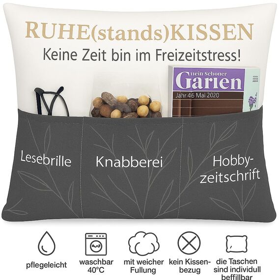 KAMACA Ruhestand Kissen 43x43 cm mit 3 Taschen Dekokissen mit Füllung Geschenkidee zur Rente für Männer Frauen Kuschelkissen für Sofa Garten Abschiedsgeschenk Renteneintritt (Ruhestandskissen A)