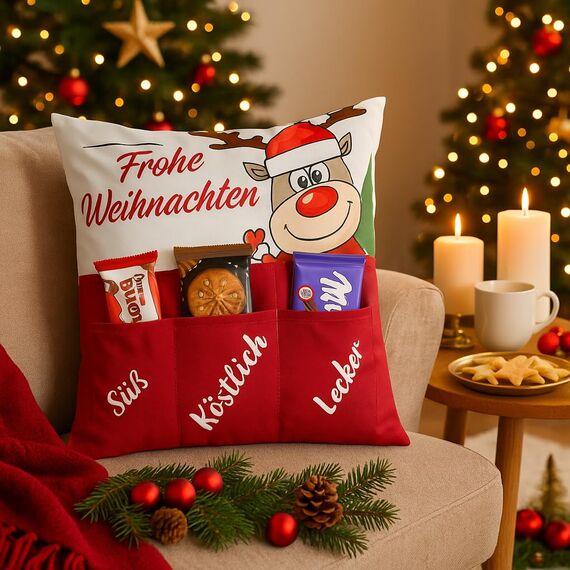 KAMACA Weihnachtskissen mit Kissenfüllung 43x43 cm festliches Dekokissen mit 3 Taschen zum Befüllen originelles Kinder, Familie und Freunde Weihnachten Nikolaus (Elch Ole)