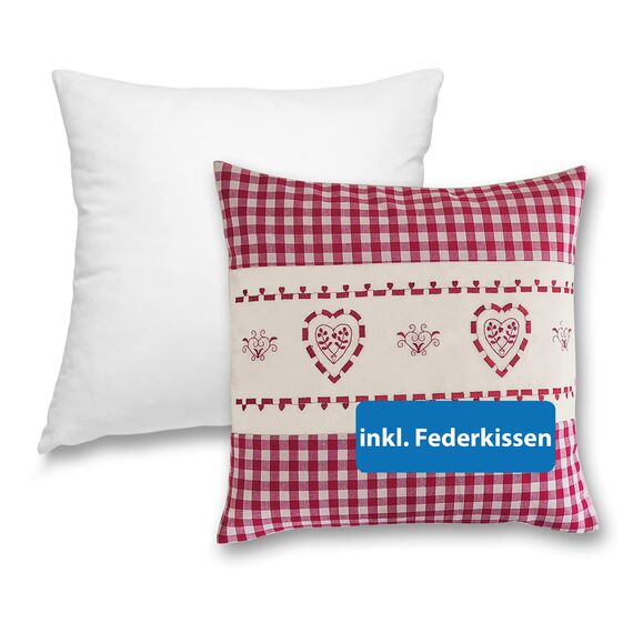 wometo Kissenbezug Kissenhülle 40x40 Herz rot mit Federkissen Füllung OekoTex - Reißverschluss Landhaus-Stil Dekokissen Zierkissen Sofakissen Stick kariert Heller Hintergrund