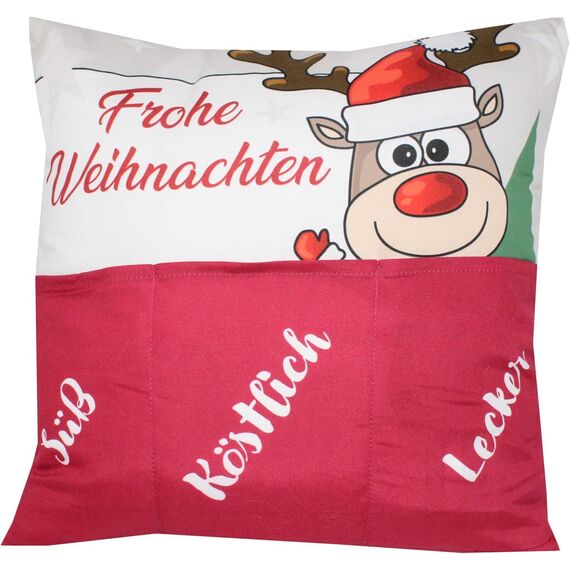KAMACA Weihnachtskissen mit Kissenfüllung 43x43 cm festliches Dekokissen mit 3 Taschen zum Befüllen originelles Kinder, Familie und Freunde Weihnachten Nikolaus (Elch Ole)