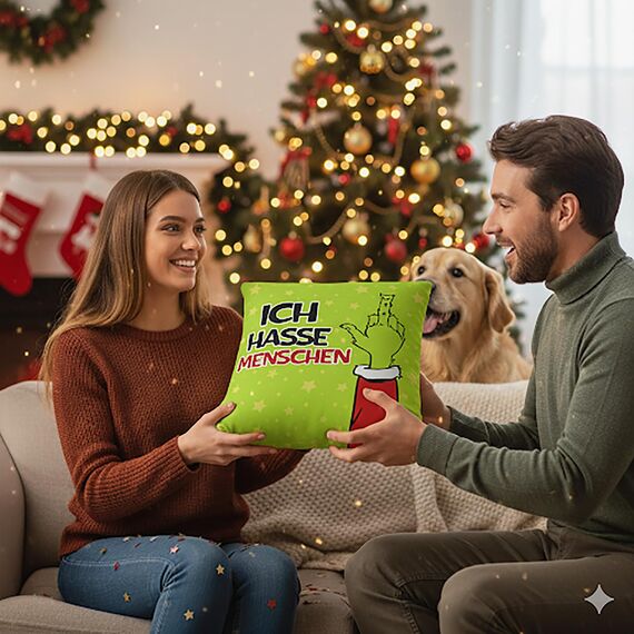 KAMACA Humorvolles Kissen mit provokantem Spruch Geschenk für Zyniker und alle, die EIN Lächeln brauchen Inklusive Füllung flauschig frech für Sofa Büro Weihnachten (Muffel - Ich Hasse Menschen)