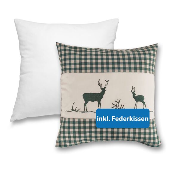 wometo Kissenbezug Kissenhülle 40x40 Hirsch grün mit Federkissen Füllung OekoTex - Reißverschluss Landhaus-Stil Dekokissen Zierkissen Sofakissen Stick kariert Heller Hintergrund