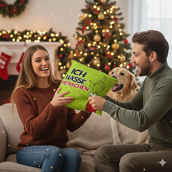 KAMACA Humorvolles Kissen mit provokantem Spruch Geschenk für Zyniker und alle, die EIN Lächeln brauchen Inklusive Füllung flauschig frech für Sofa Büro Weihnachten (Muffel - Ich Hasse Menschen)