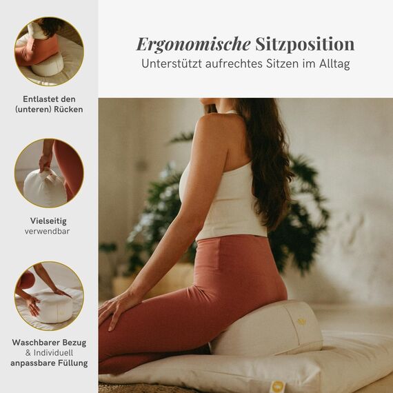 Lotuscrafts® Meditationskissen mit 15cm Sitzhöhe, bestickt, Yoga Kissen mit 100% Bio-Dinkelfüllung, Yogakissen Rund mit robustem Bezug waschbar, GOTS-Zertifiziert Bodenkissen Rund