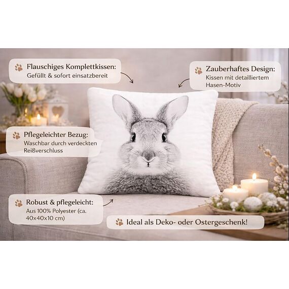 KAMACA Dekokissen Süßer Hase – 40x40 cm Inklusive Füllung & Reißverschluss – Flauschiges Oster - Kissen für Wohnzimmer & Couch