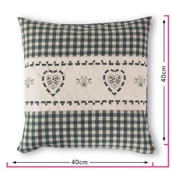 wometo Kissenbezug Kissenhülle 40x40 Herz grün mit Federkissen Füllung OekoTex - Reißverschluss Landhaus-Stil Dekokissen Zierkissen Sofakissen Stick kariert Heller Hintergrund