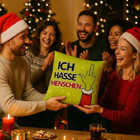 KAMACA Humorvolles Kissen mit provokantem Spruch Geschenk für Zyniker und alle, die EIN Lächeln brauchen Inklusive Füllung flauschig frech für Sofa Büro Weihnachten (Muffel - Ich Hasse Menschen)