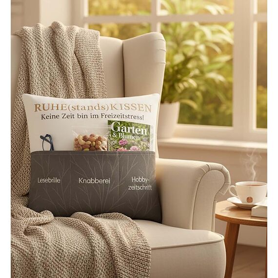 KAMACA Ruhestand Kissen 43x43 cm mit 3 Taschen Dekokissen mit Füllung Geschenkidee zur Rente für Männer Frauen Kuschelkissen für Sofa Garten Abschiedsgeschenk Renteneintritt (Ruhestandskissen A)