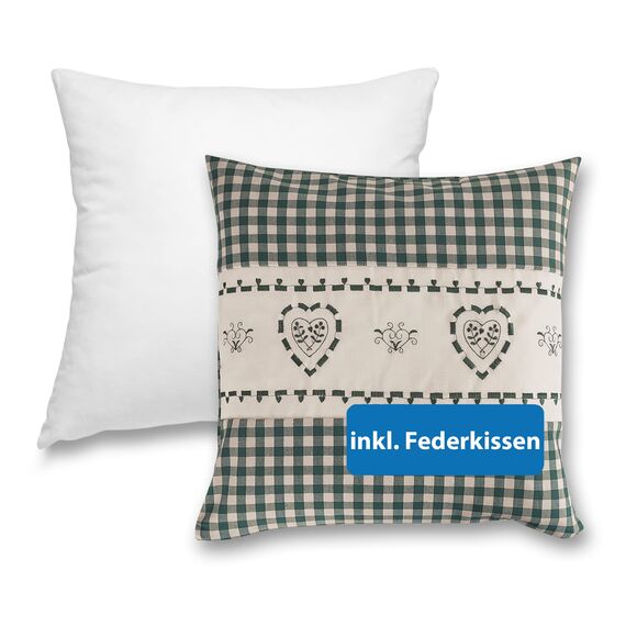wometo Kissenbezug Kissenhülle 40x40 Herz grün mit Federkissen Füllung OekoTex - Reißverschluss Landhaus-Stil Dekokissen Zierkissen Sofakissen Stick kariert Heller Hintergrund