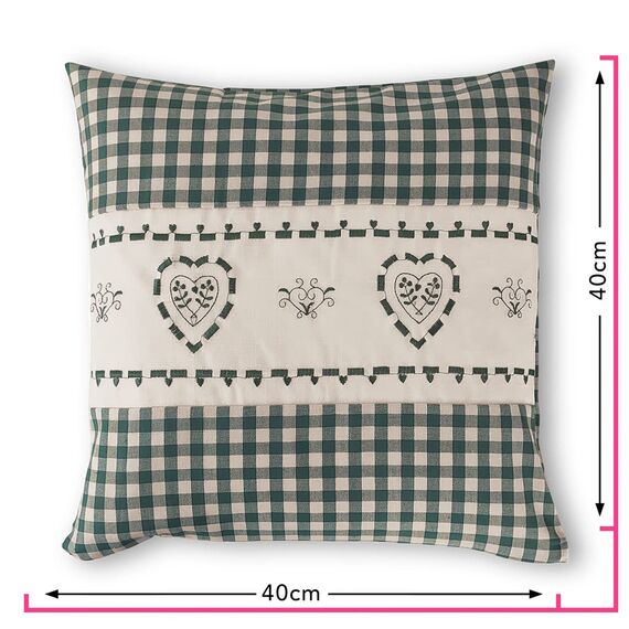 wometo Kissenhülle Zierkissen 40x40 OekoTex - Landhaus-Stil Dekokissen Sofakissen Stick Herz grün kariert, Karo grün Heller Hintergrund Reißverschluss