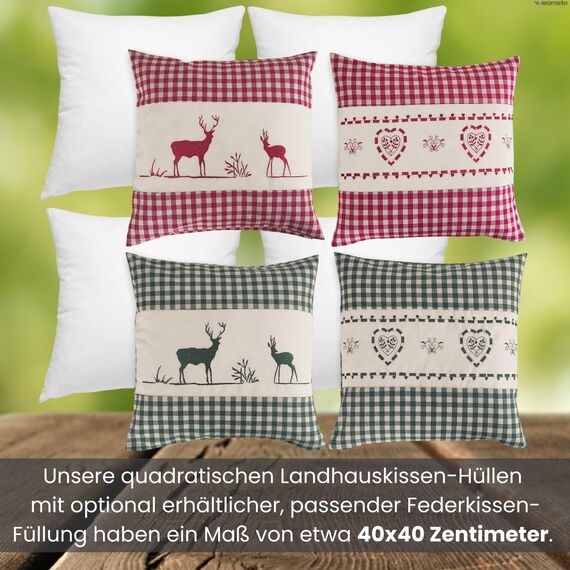 wometo Kissenbezug Kissenhülle 40x40 Herz grün mit Federkissen Füllung OekoTex - Reißverschluss Landhaus-Stil Dekokissen Zierkissen Sofakissen Stick kariert Heller Hintergrund