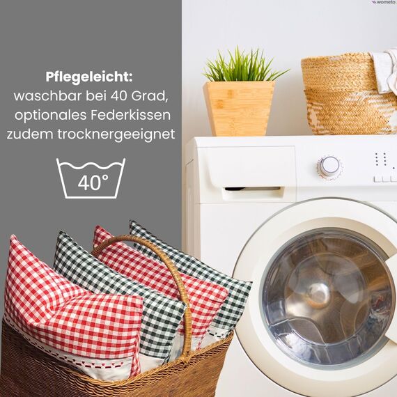 wometo Kissenbezug Kissenhülle 40x40 Herz grün mit Federkissen Füllung OekoTex - Reißverschluss Landhaus-Stil Dekokissen Zierkissen Sofakissen Stick kariert Heller Hintergrund