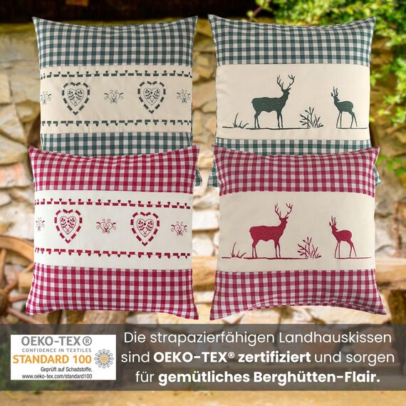 wometo Kissenhülle Zierkissen 40x40 OekoTex - Landhaus-Stil Dekokissen Sofakissen Stick Hirsch grün kariert, Karo grün Heller Hintergrund Reißverschluss
