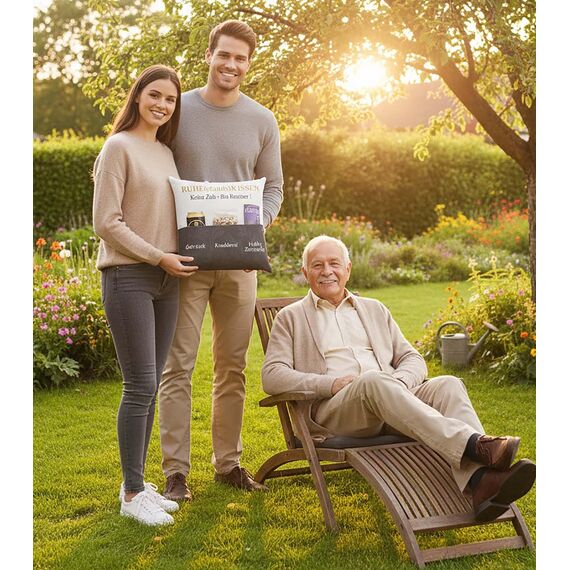 KAMACA Originelles Dekokissen Kissen mit 3 Taschen zum selber Befüllen Größe 43x43 cm tolles Geschenk für EIN gelungenen Sofaabend Filmabend (Ruhestandskissen)