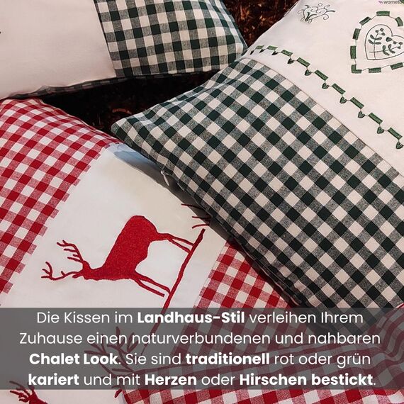 wometo Kissenhülle Zierkissen 40x40 OekoTex - Landhaus-Stil Dekokissen Sofakissen Stick Herz grün kariert, Karo grün Heller Hintergrund Reißverschluss