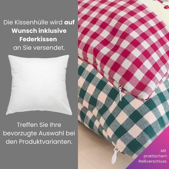 wometo Kissenbezug Kissenhülle 40x40 Hirsch grün mit Federkissen Füllung OekoTex - Reißverschluss Landhaus-Stil Dekokissen Zierkissen Sofakissen Stick kariert Heller Hintergrund